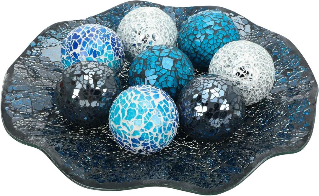Suclain Centerpiece Bowl and Decorative Balls Set 8 Pcs Table Mosaic Plate with 2.4 Inch Glass Mosaic Orbs Glass Turquoise Tray and Spheres for Centerpiece Table Home Vases Decor(Multicolor), Small