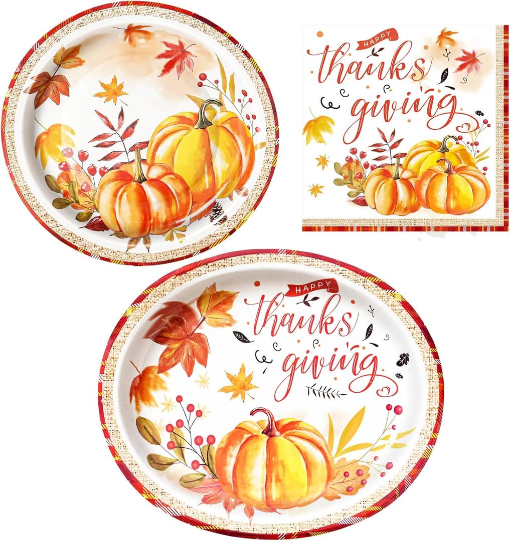 Dereinwo 100 PCS Thanksgiving Paper Plates and Napkins | Bundle Includes Paper Oval Dinner Dessert Plates and Napkins for Thanksgiving Party Supplies