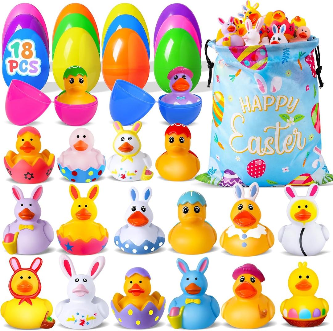 18 Pcs Easter Rubber Ducks with 18 Pcs Easter Eggs, Easter Ducks for Jeeps Easter Egg Fillers Basket Stuffers Party Favors, Rubber Ducks for Ducking Bath Toys for Kids Toddler with a Storage Bag