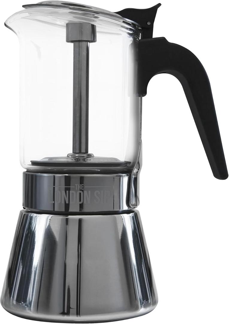 The London Sip Glass and Stainless Steel Stovetop Espresso Maker Moka Pot Italian Coffee Percolator, Glass, Medium (10.14 oz)