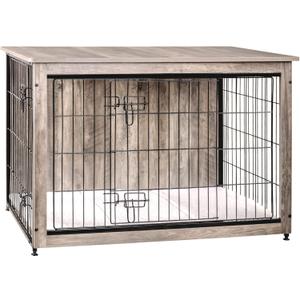 DWANTON Dog Crate Furniture with Cushion, Wooden Kennel Table with Double Doors, Indoor Dog House, Large Size, Greige, 38.5"L x 25.6"W x 26.8"H 