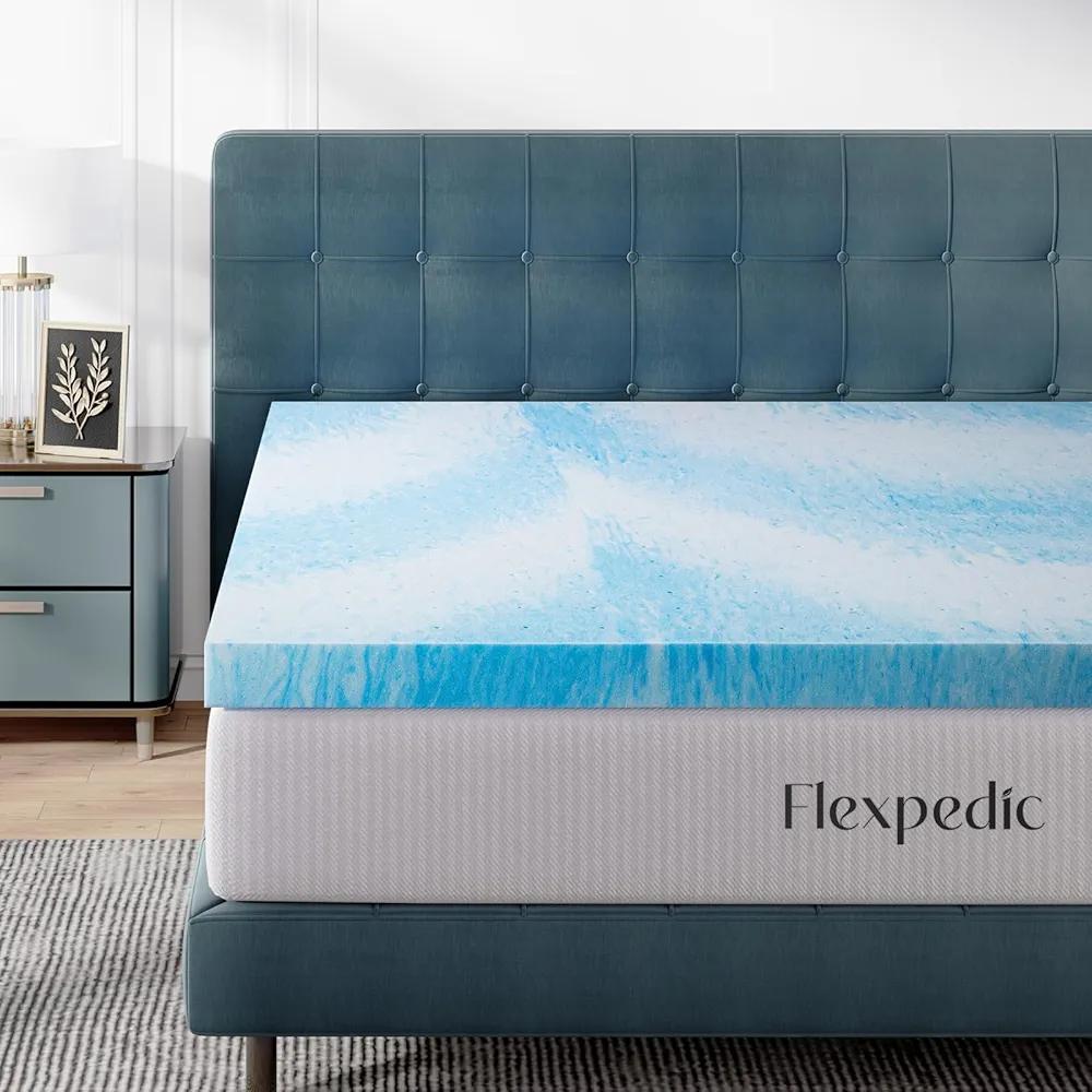 FP FLEXPEDIC Full Mattress Topper, 2 inch Cooling Mattress Topper, Gel-Infused Memory Foam Bed Topper for Full Size Bed, CertiPUR-US Certified, Blue
