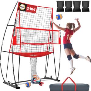 2-in-1 Volleyball Practice Net Station with Patented 5-Height (6'6'' to 8'), Heavy Duty Training System for Hitting Spiking Serving, Backyard Indoor Outdoor Trainer Equipment