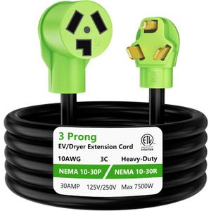 3 Prong Dryer Extension Cord 15 FT, NEMA 10-30P to NEMA 10-30R, STW, 10AWG, Heavy Duty Cord, for Dryer Power Extension and Level 2 EV Charging, 30Amp, 250V, 10-AWG Gauge, ETL Listed