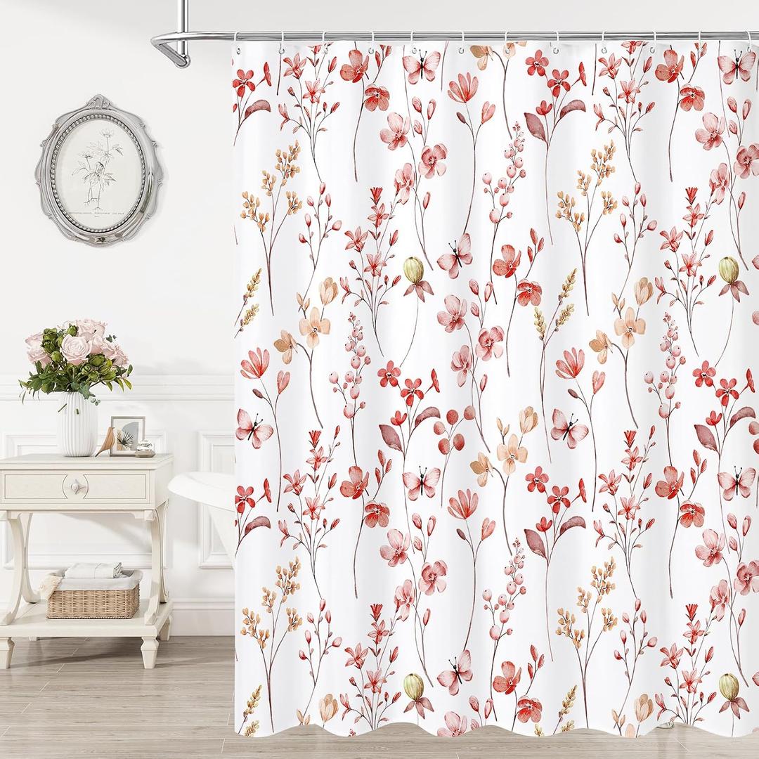 Litabel Watercolor Floral Shower Curtain, Red Butterfly Flower Shower Curtain for Bathroom, Modern Minimalist White Waterproof Fabric Shower Curtain Set, 72x72 Inch