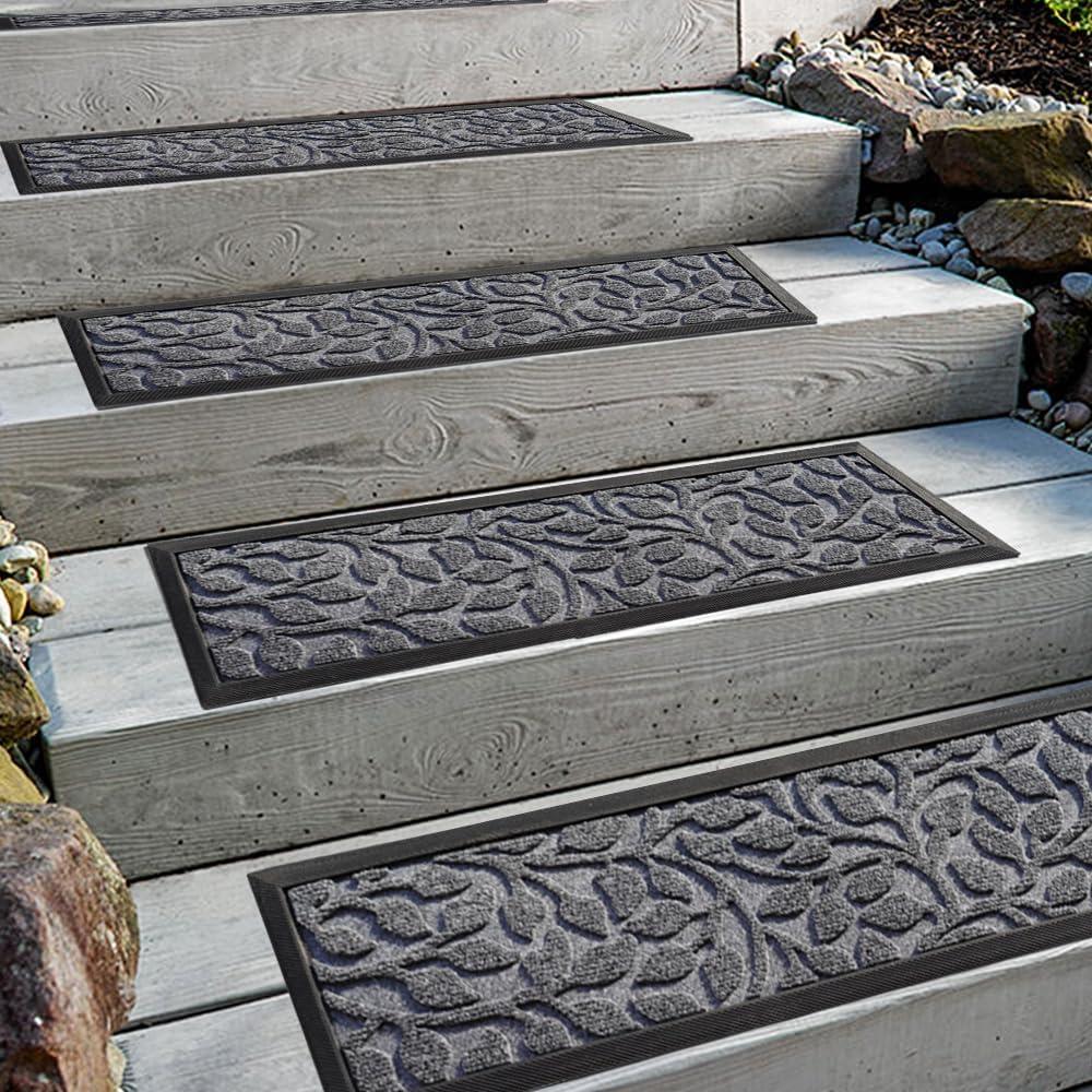 Aucuda Stair Treads Outdoor for Elders and Dogs on Wooden Steps, 30" x 8.5" (2pcs )Non Slip Stair Runner Rug Heat Insulation Rubber Backing, Gray Floral Staircase Mat Carpet for Indoor Grip Farmhouse. (Grey Leaves)