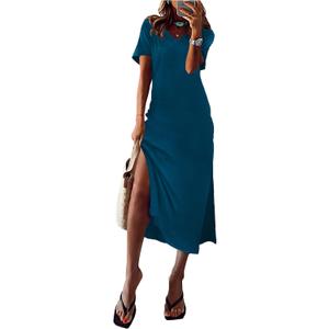 MARZXIN Women 2026 Casual Maxi Dress Short Sleeve V Neck Stripe Sundress Split Loose Long Summer Tshirt Activewear Dress