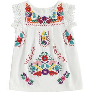 Toddler Baby Girls Mexican Dress Traditional Embroidered Floral Cinco De Mayo Outfit Summer Folklorico Fiesta Dress (6-12 Months, White)