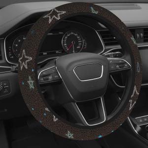 Cute Steering Wheel Cover for Women, Machine Washable Universal 14.5-15.5 inch Non-Slip Grip All Weather Use (Brown Leopard Stars)