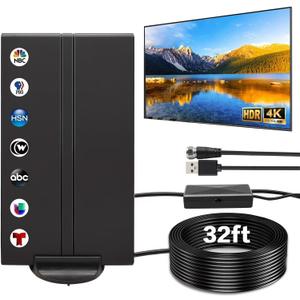 2025 Strongest Digital TV Antenna for Smart TV, 1800+Miles Range Indoor/Outdoor, 360 Reception with Amplifier Signal Booster for Local Channels Support 4K 8K 1080p 32ft Thick Coaxial Cable