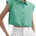 Tankaneo Womens Sleeveless Button Down Shirts Casual Loose V Neck Pad Shoulder Crop Tank Top (Large, Green)