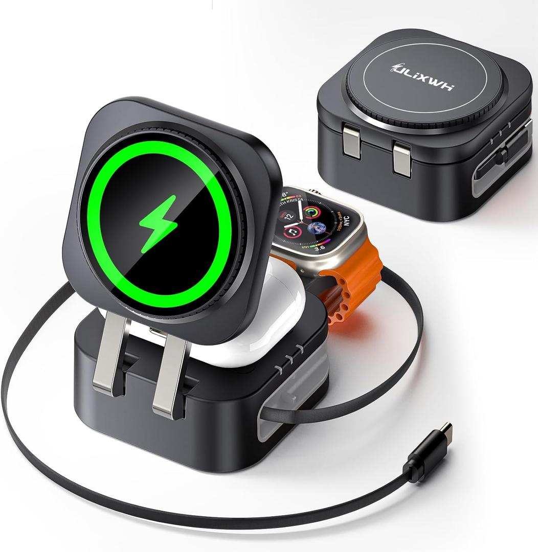 Retractable 3 in 1 Charging Station for Apple [Built in Cable] 22.5W Fast for Magsafe Wireless Charger, Travel Essentials, Magnetic Foldable Stand for iPhone 17 Air Pro Max 16 15 iWatch Airpods (Black)