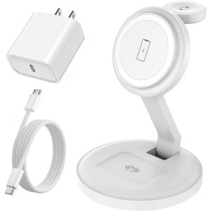 Charging Station for Apple Magnetic Wireless iPhone Mag-Safe Charger,15W 3in1 Foldable Wireless Dock Fast MagSafe Charger Stand for iPhone 17 Pro Max/16 Plus/16 ProMax/15/14/13,Apple Watch,AirPods Pro (1Pack, White)