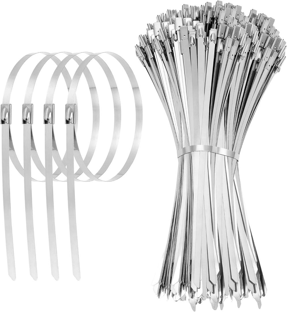 2 x 11.8 Inch 100 Pcs 304 Stainless Steel Metal Zip Ties Heavy Duty Outdoor Cable Ties with Self-Locking Design for Machinery, Vehicles, Farms, Pipes, Roofs, Cables