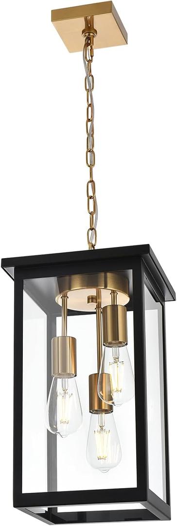 3-Lights Black and Brass Outdoor Pendant Light, Exterior Hanging Lantern with Clear Glass, Height Adjustable Hanging Light Fixture for Porch Patio Damp Locations, E26 Base
