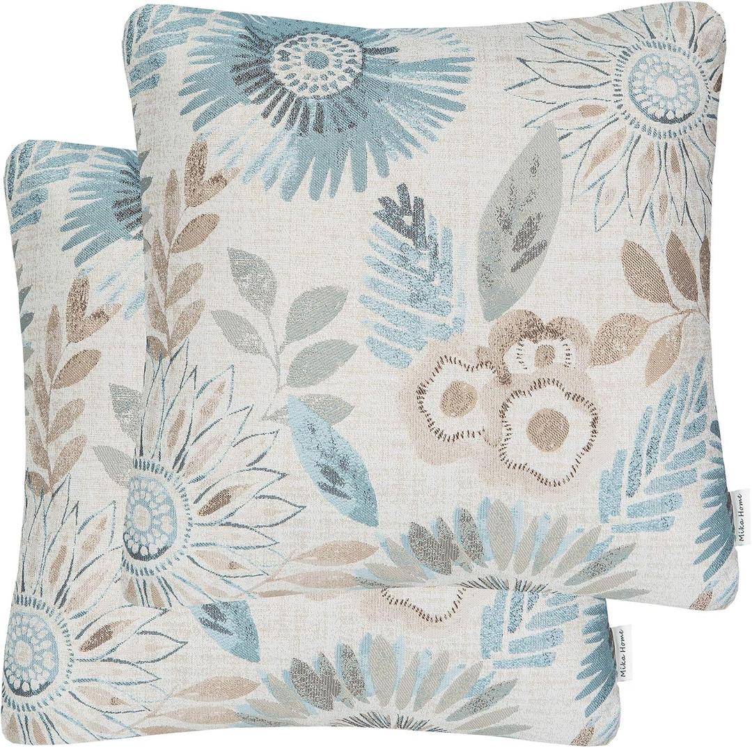 Mika Home Pack of 2 Throw Pillow Covers Decorative Pillow Cases for Sofa Couch Bed,Sunflower Pattern,22x22 Inches,Blue Cream