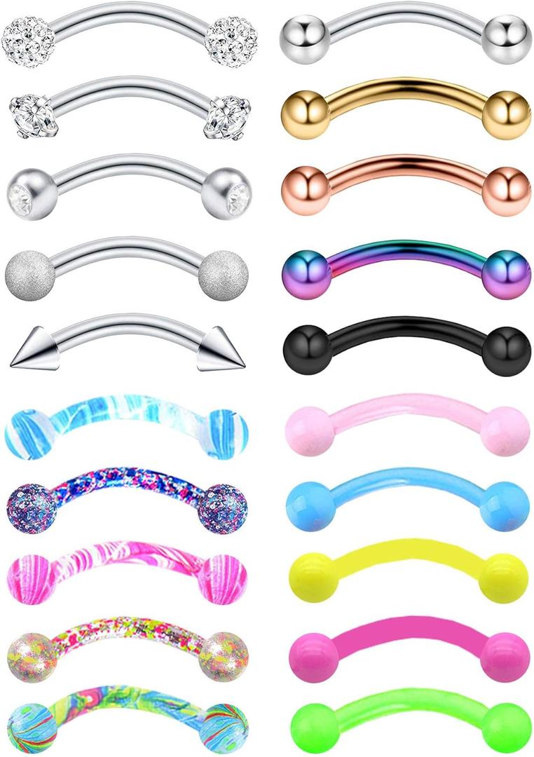 20-48Pcs 16G Eyebrow Piercing Rook Curved Barbell Kit Eyebrow Tragus Lip Rings for Women Men 8-10mm