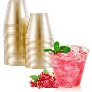 JOLLY CHEF 50 Pack 9 oz Glitter Plastic Cups, Disposable Gold Cups, Clear Plastic Tumblers for Weddings Thanksgiving, Christmas Parties