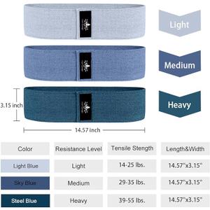 Hatha Yoga Large Resistance Band,14.5" x3.15",Fabric Exercise Loop Bands with Instruction Guide and Carry Bag, Set of 3. (Blue)