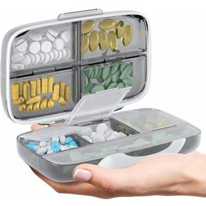 Travel Pill Organizer - Airtight Medicine Case for Traveling Portable Pharmacy Box with Labels Vitamin Container 8 Compartment Supplement Medication Holder Large Capacity Daily (Grey)