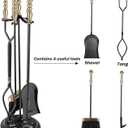 5 Pieces Fireplace Tools Sets Wrought Iron Firewood Kit with Handle Durable Tool Set and Holder for Fire Pit Stand Indoor Tong Shovel Poker Brush Firewood Accessories (Brass)