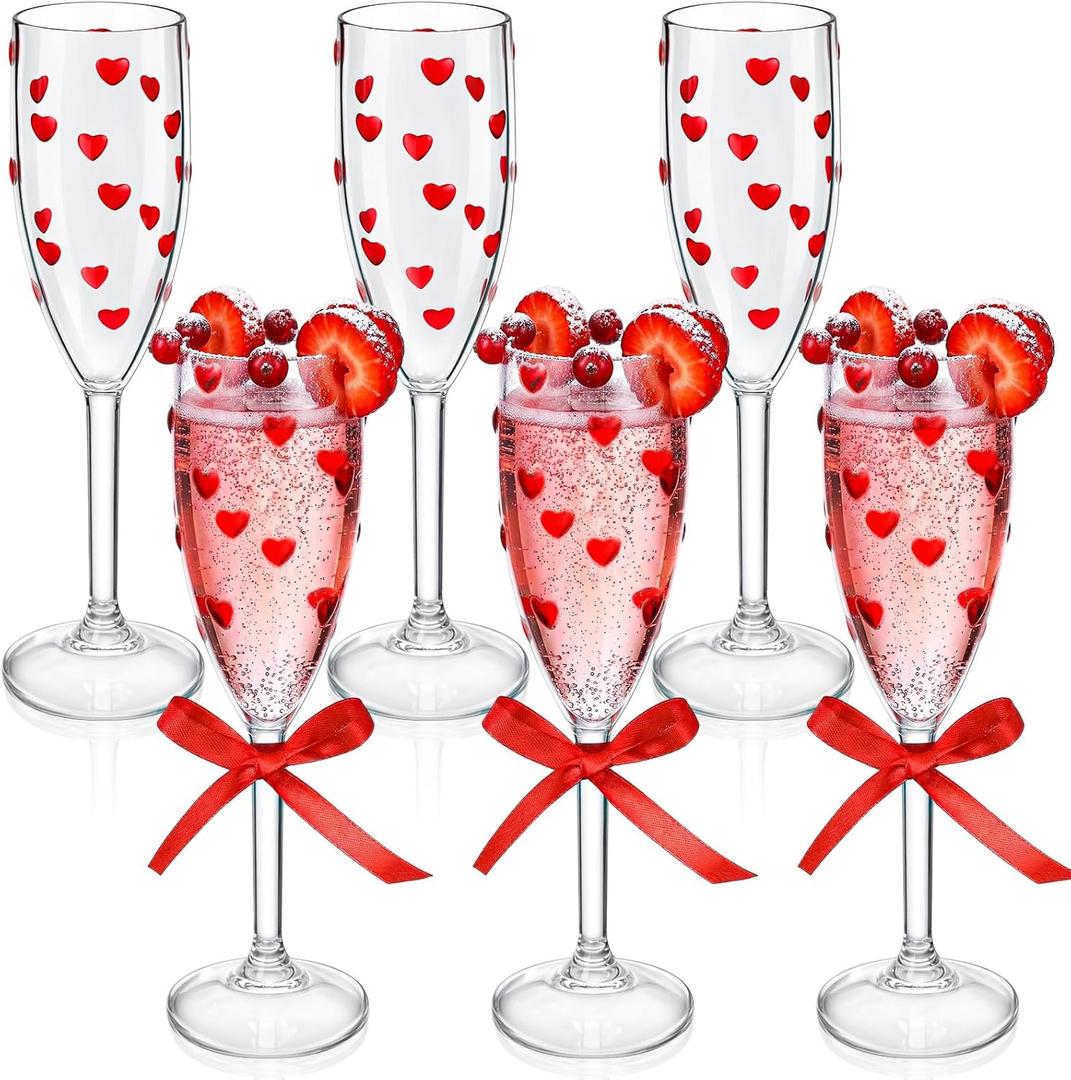 6 Pack Valentines Day Heart Shaped Champagne Flutes 6.5 oz Clear Red Hearts Plastic Champagne Flute Martini Glasses Cocktail Toasting Glasses Cups for Weddings Galentines Day Anniversary