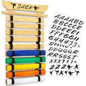 Karate Belt Display Rack with Stickers, Martial Arts Belt Display Holder, Taekwondo Belt Jiu Jitsu Belt BJJ Belt Display Hanging Holder for Adults (Bamboo)