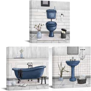 HOMEOART Bathroom Wall Art Bath Tub Painting Picture Bathroom Wall Decor Framed Ready to Hang 12x12inchx3,Deep Blue