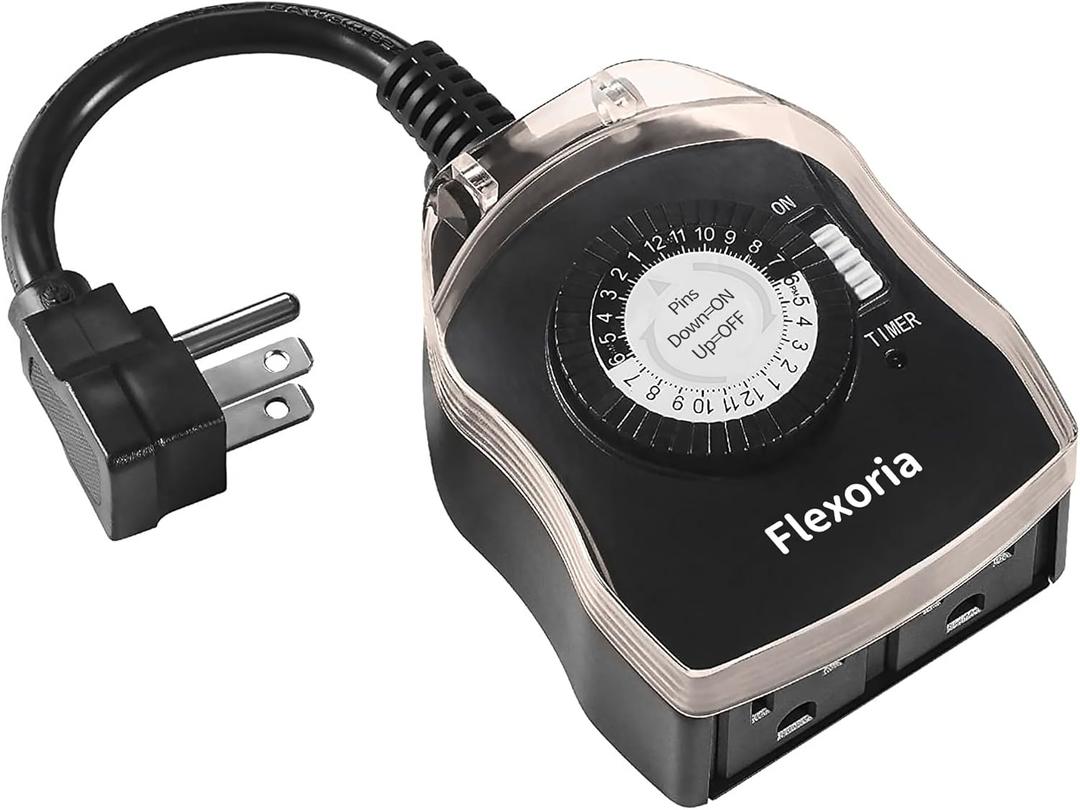 Outdoor Timer Outlet Waterproof, 24 Hour Mechanical Plug in Light Timer, 2 Grounded Outlets for Christmas Lights, 15A 1/2 HP, ETL Listed (1 Pack)