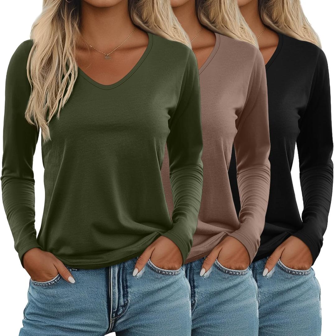 Ficerd 3 Pack Women's Long Sleeve T Shirts, V Neck Basic Tops Fall Casual Trendy Tees Loose Fit Soft Clothes Outfits (Black, Coffee, Army Green) S
