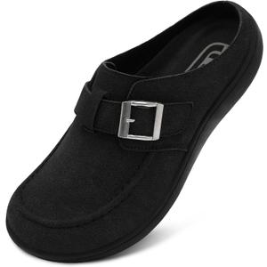 JOINFREE Women's Wide Suede Clogs Zero Drop Potato Shoes Diabetic Mules for Swollen Edema Comfort Slip on Clog Slippers with Adjustable Buckle Indoor & Outdoor Use (Black, 9.5)