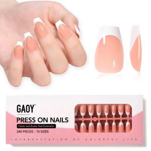 GAOY French Gel Nail Tips, 240Pcs Press on Nails Clear Nude Short Coffin, Pre-applied Primer and Base Coat Cover, 15 Sizes Pre-filed Fake Tips for Extension