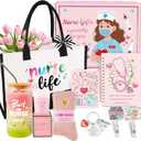Nurse Gifts for Women, RN Nurse Practitioner Gift Baskets for Christmas Birthday Nurses Week Graduation | Bulk Appreciation Stuff with Canvas Tote Bag, Notebook, 16 Oz Glass Bottle, Badge Reel