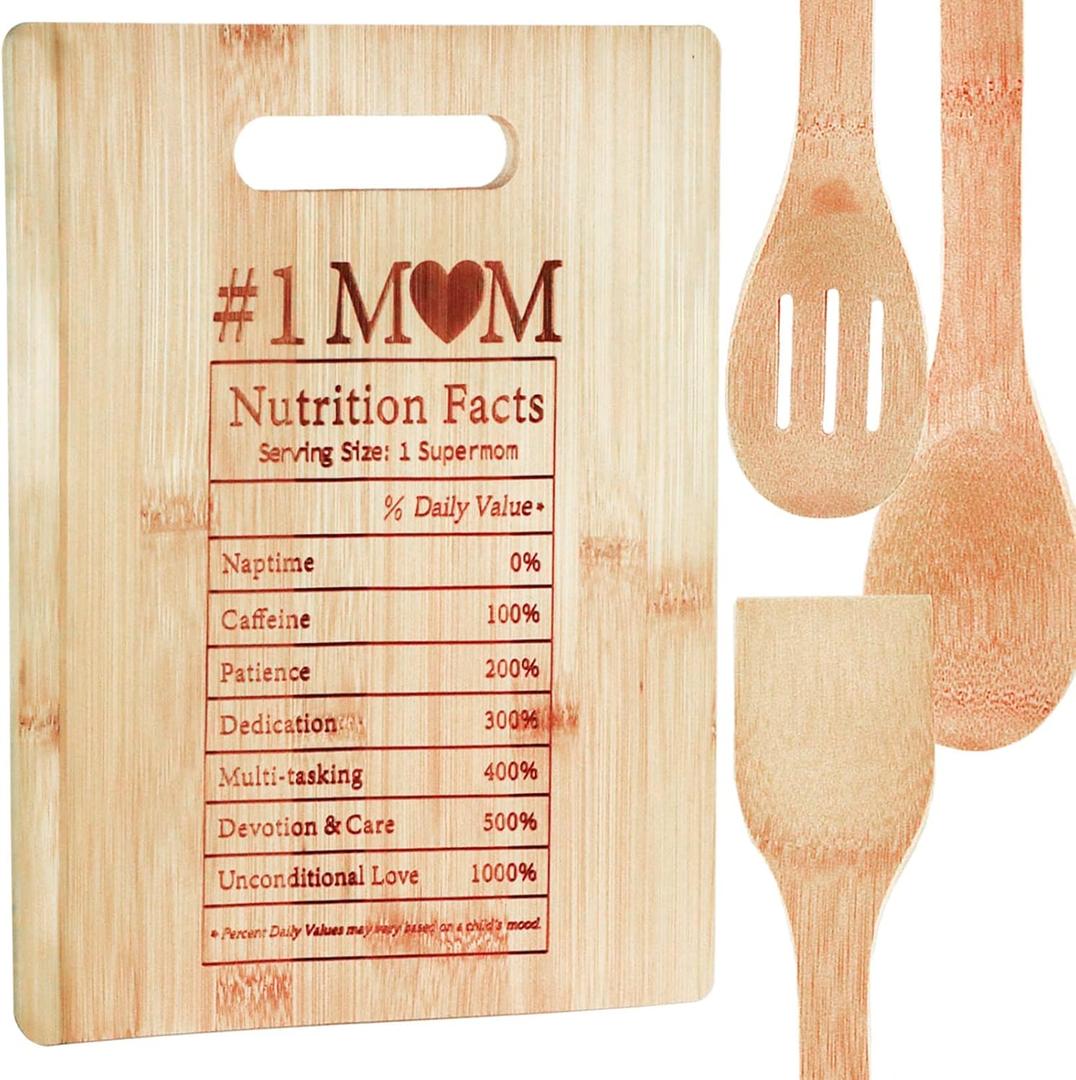 Mom Bamboo Cutting Board Mothers Day Gifts, Mother Cooking Board Wooden Engraved Cutting Board Personalized Kitchen Gift for Mom from Daughter/Son (Mom Nutrition Facts)