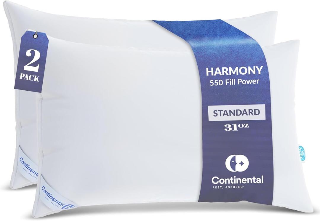 Continental Bedding Harmony White Goose Down Sleeping Bed Pillow, Queen (Pack of 2), 2 Count