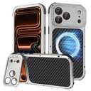 DGYSG Carbon Fiber Case for iPhone 17 Pro Max Compatible with Magsafe, Luxury Aluminum Metal with Silicone Bumper Heavy Duty Military Protection Cover with Camera Lens Protector Stand, Titanium