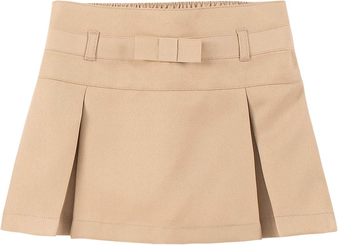 Nautica Girls' School Uniform Pleated Pull-on Scooter Skirt with Undershorts, Knit Waistband & Functional Pockets (2T, Khaki/Bow)