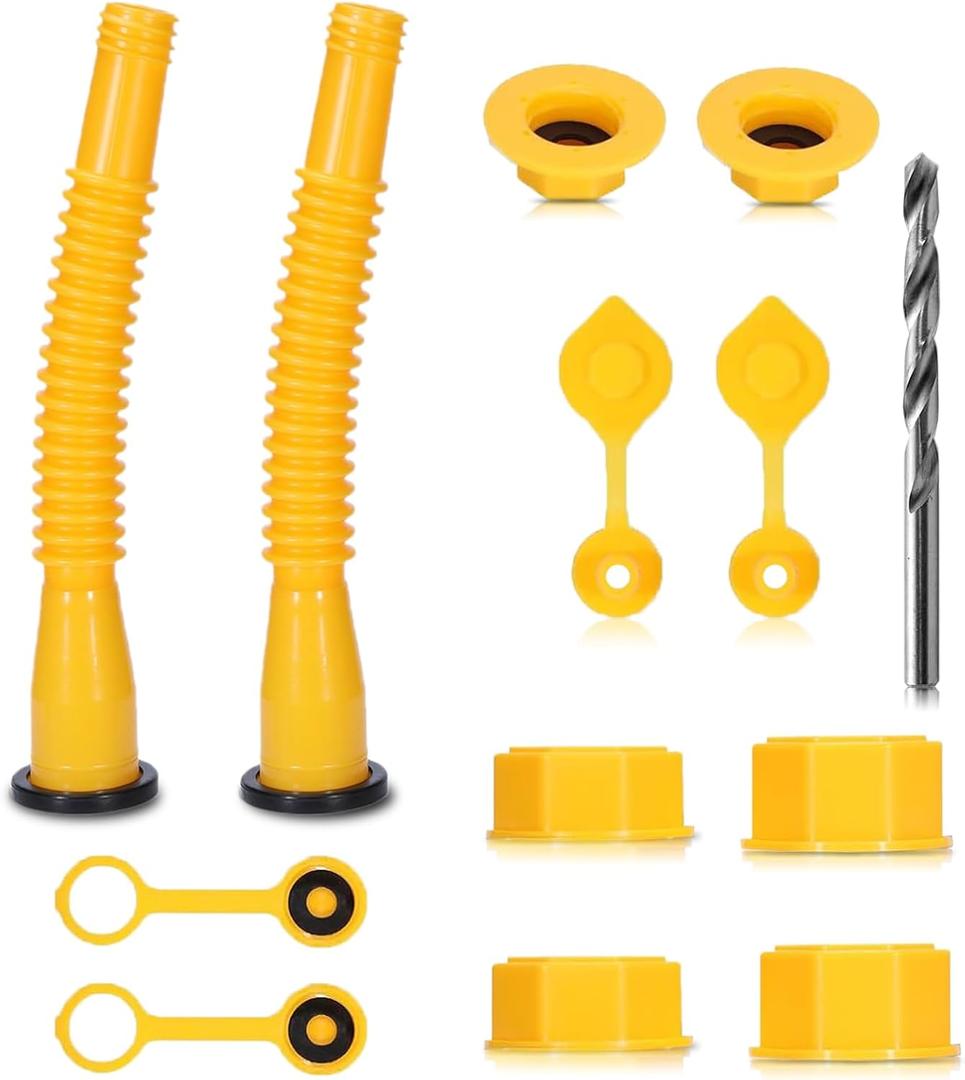 2 Pack Gas Can Spout Replacement Kit, Upgraded Leakproof Flexible Nozzles for 1/2/5/10 Gal Oil Cans, Fuel Can Spout Replacement with Vent Caps, Rubber Pad, Drill Bits