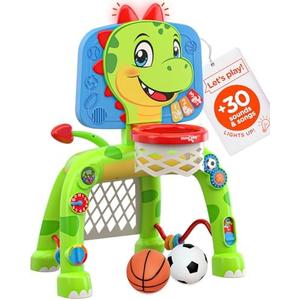 Move2Play, Dinosaur Basketball Hoop & Soccer Goal Activity Center | 30+ Sounds & Songs + 5 Lights | 1 2 3 Year Old for Boys and Girls | Toy & Gift for Baby & Toddlers