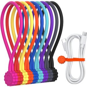 Rich&Ray Magnetic Reusable Silicone Cable Ties, Phone Cord Holder, Magnetic Cable Ties for Headphone Cables, Charging Cable Organizer, Book Markers, Hanging Stuff - 7.48'' (9Color - 9pack)