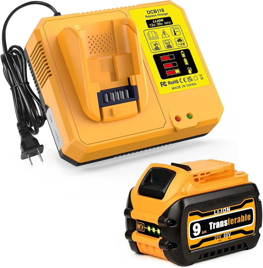 Amityke 9.0Ah Replacement DCB609 Battery & DCB118 Fast Charger Combo for Dewalt 20V Max Battery,Compatible with Dewalt 60v FlexVolt Batteries & Cordless Power Tools DCB615 DCB612 DCB609 DCB606 (Yellow)