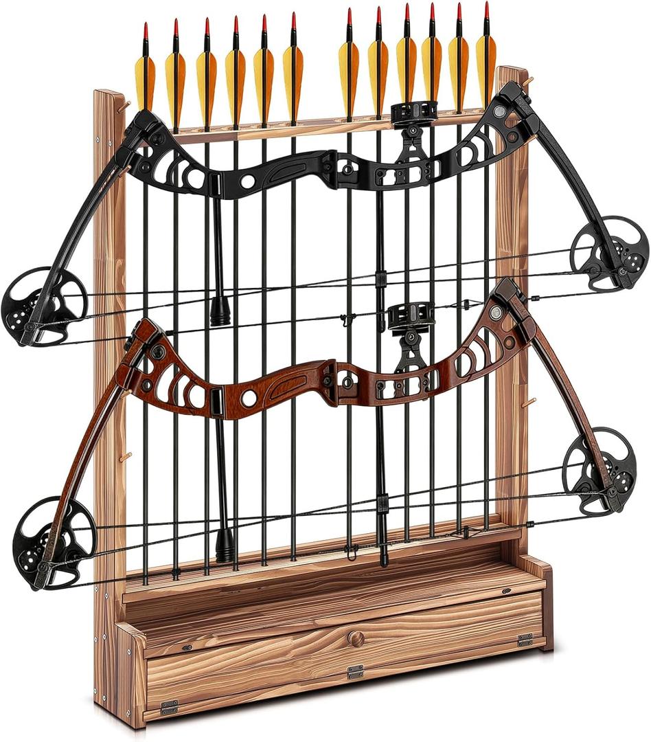 Geelin Wall Mounted Bow & Arrow Display Rack, Solid Wood Holder for 2 Compound Bows & 12 Arrows with Storage Drawer - Archery Home & Man Cave Decor, 31.5" L X 5.5" W X 38.2" H