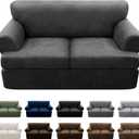 3-Pieces T Cushion Loveseat Slipcovers Leather Look Couch Cover Loveseat Covers for 2 Cushion Couch Furniture Protector Stretch Sofa Cover with 2 Individual T Cushion Seat Covers, Dark Grey