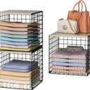 3PCS Stackable Closet Organizers and Storage, Shelves with Wood Top Extra Storage, Clothes Organizer Basket, Bin, or Tube for Wardrobe and Home Organization (Black-Sturdy Metal) Patent Pending