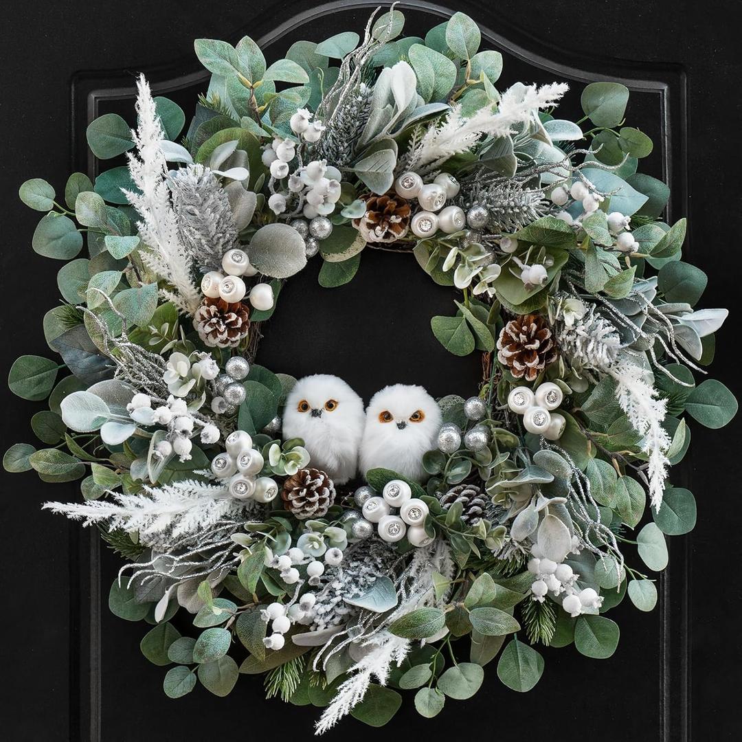 Winter Wreath for Front Door, 24 Inch Christmas Wreath with Owl Decor, Pine Cones, and Evergreen Greenery, Festive Winter Door Decor, Artificial Holiday Farmhouse Rustic Wreath
