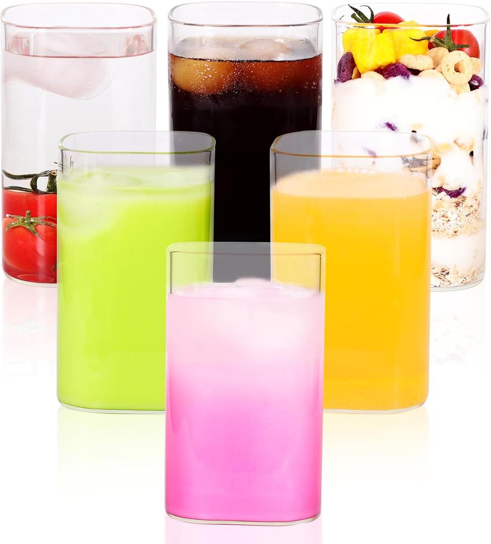 CZFWin Square Drinking Glasses Set of 6 Water Glasses for Cocktail, Iced Coffee, Beer,  Whiskey, Water, 13 oz Clear Glass Cups Mixed Drink Tumbler for Coffee - Bar Accessories