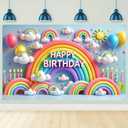 Rainbow Clouds Happy Birthday Backdrop Banner Colorful Balloons and Candles Theme Birthday Banner Birthday Background Party Decoration