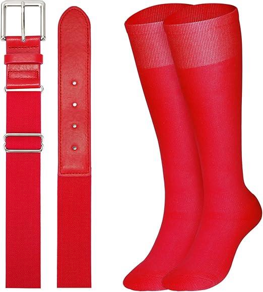 XZQTIVE Over the Knee Baseball Socks and Belt Combo Set for Youth red Softball Socks with Adjustable Belt (M)