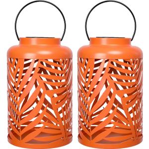 Solar Lantern Outdoor Waterproof Lanterns, 2 Pack Metal Leaf Projection Hanging Lanterns Decorative Lantern for Patio Garden Yard Backyard Front Porch (Orange)