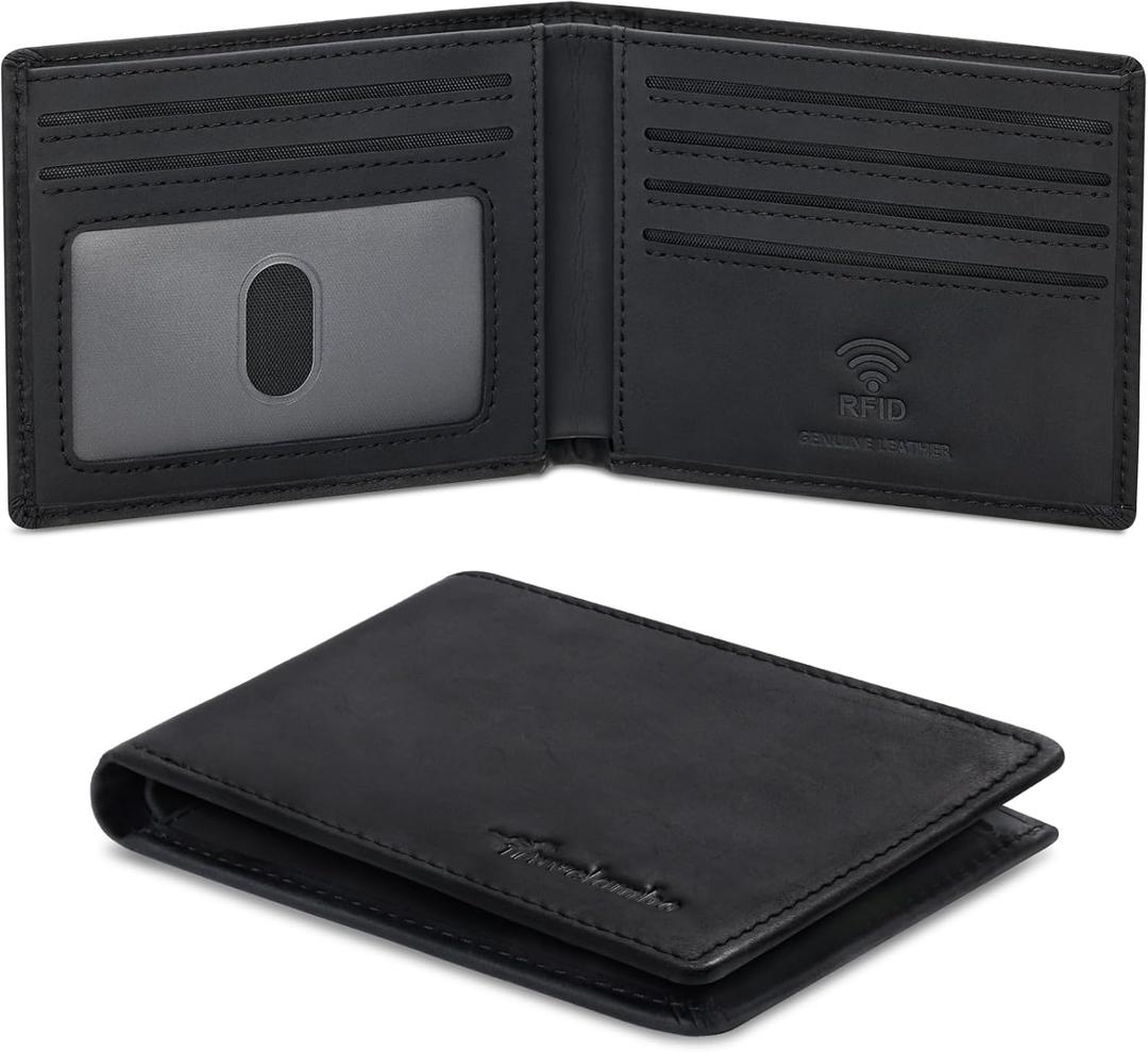 Travelambo Wallet for Men Real Leather Mens Bifold Wallet RFID Blocking - Thin & Stylish with ID Window in Gift Box (Crazy Horse, Black)
